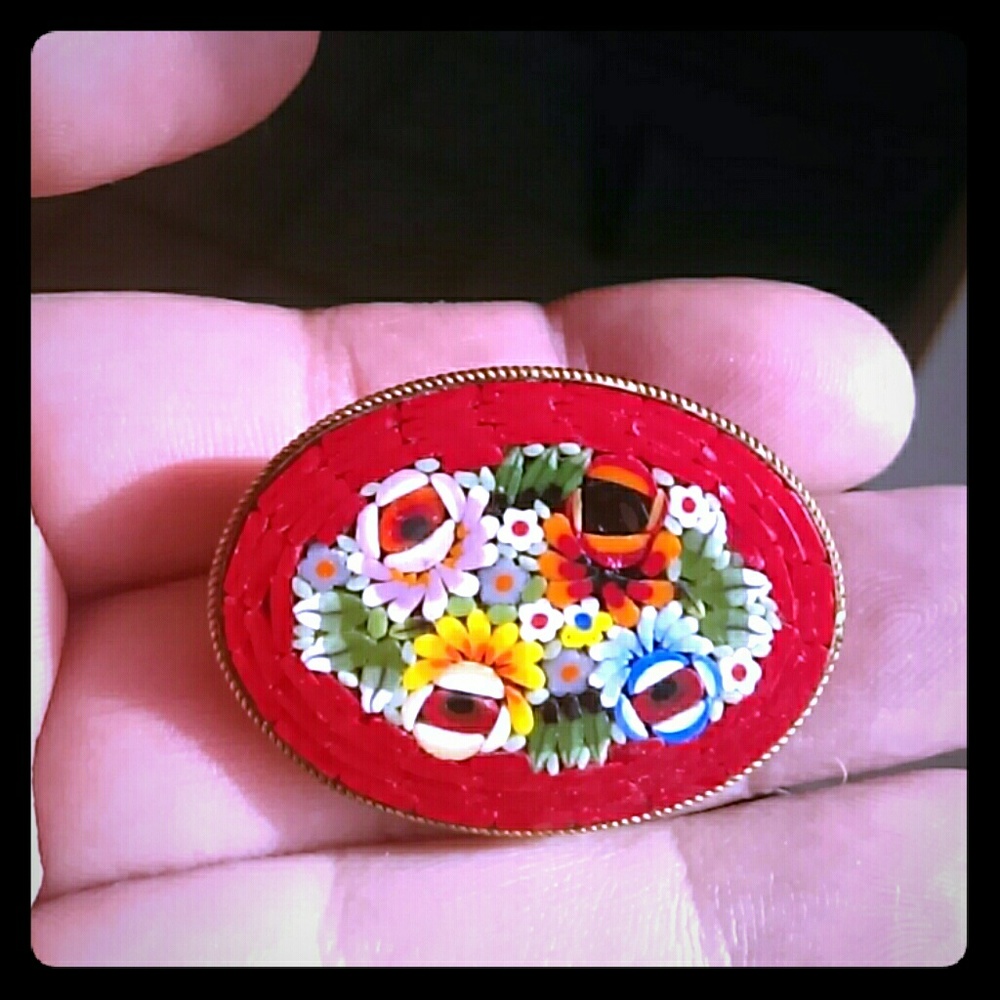 Antique Red Italian Micro Mosaic Brooch